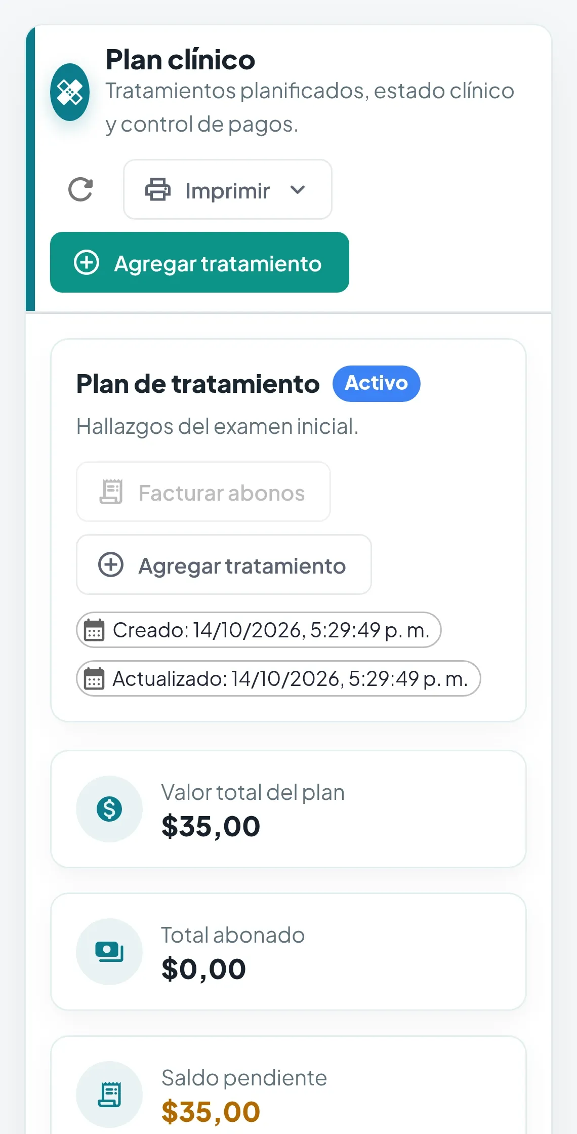 Plan de tratamiento con valor total, total abonado y saldo pendiente, y el botón Abonar