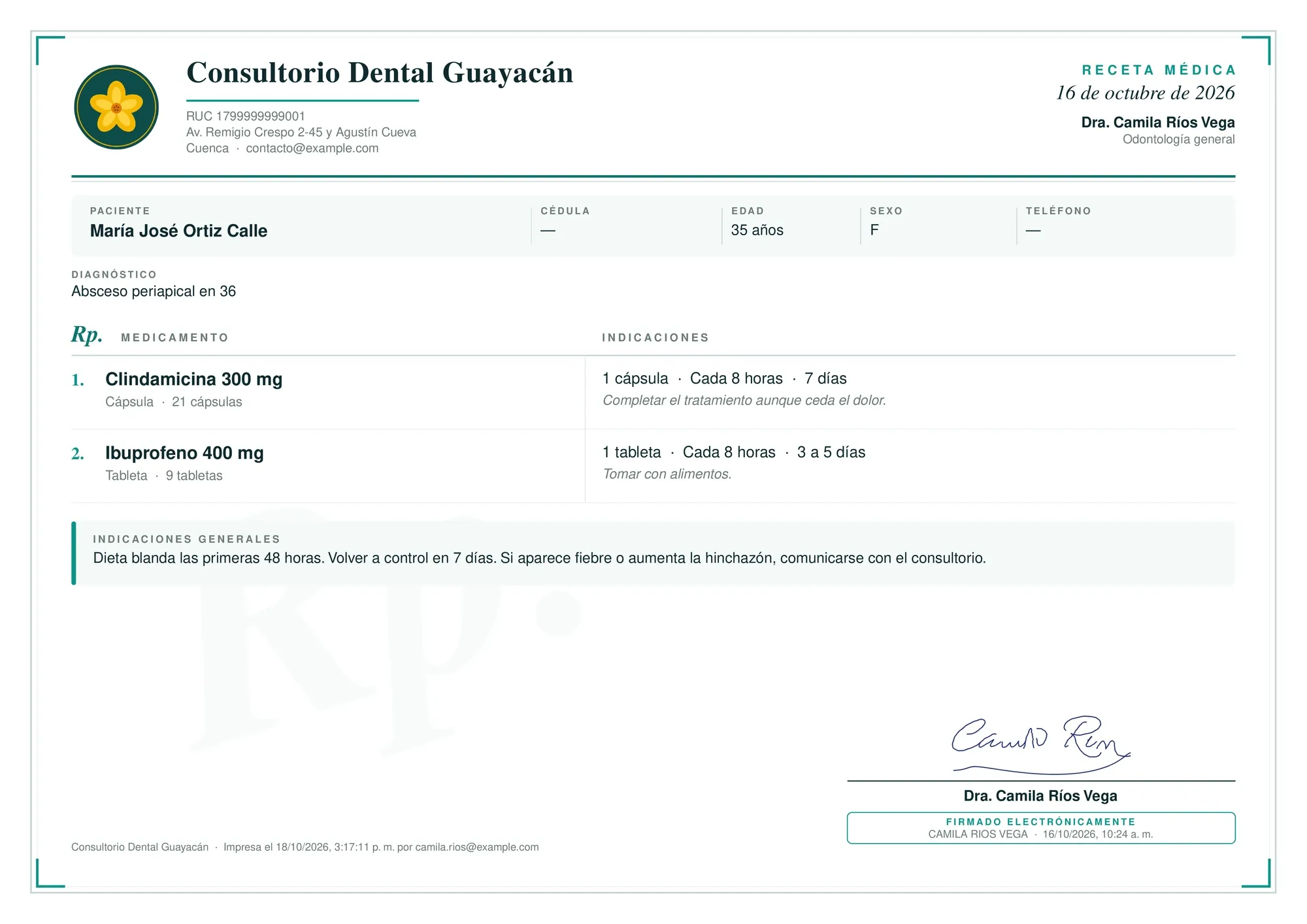 Receta médica en PDF de un consultorio dental, con dos medicamentos, indicaciones y firma electrónica