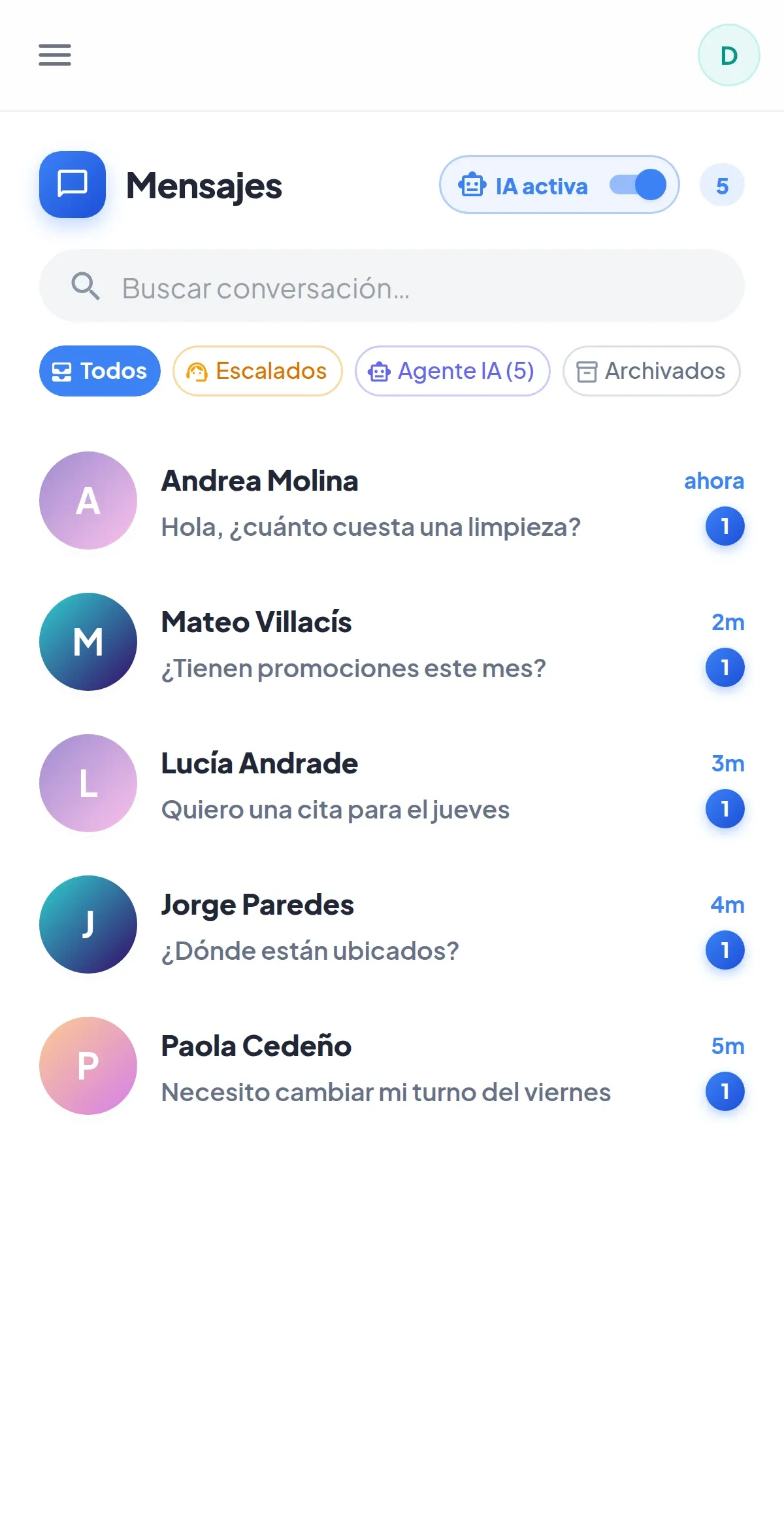 Bandeja de Mensajes de DentalNetic con conversaciones de pacientes sin leer